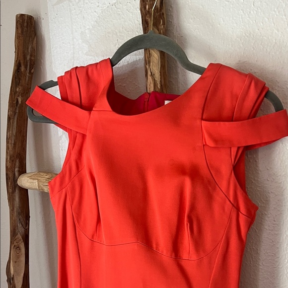 Reiss Orange-Red Coral Fitted Bodycon Cap-Sleeve Midi Sheath Dress 2 Stretch - Picture 3 of 12